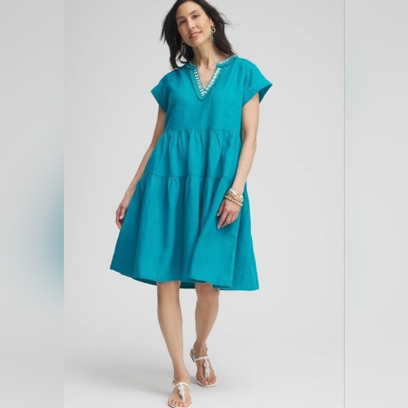 Chico's Peacock Blue 100% Linen w Embellished Neckline Glam Relaxed Short Dress - Picture 13 of 15